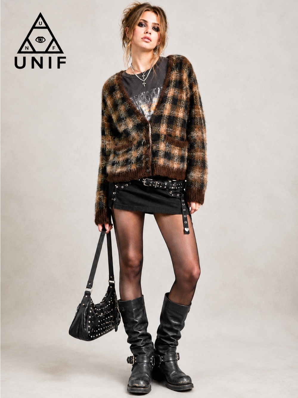 UNIF Ty Cardigan M Brown Plaid Fuzzy Cropped Boxy Y2K Grunge Sweater Preppy